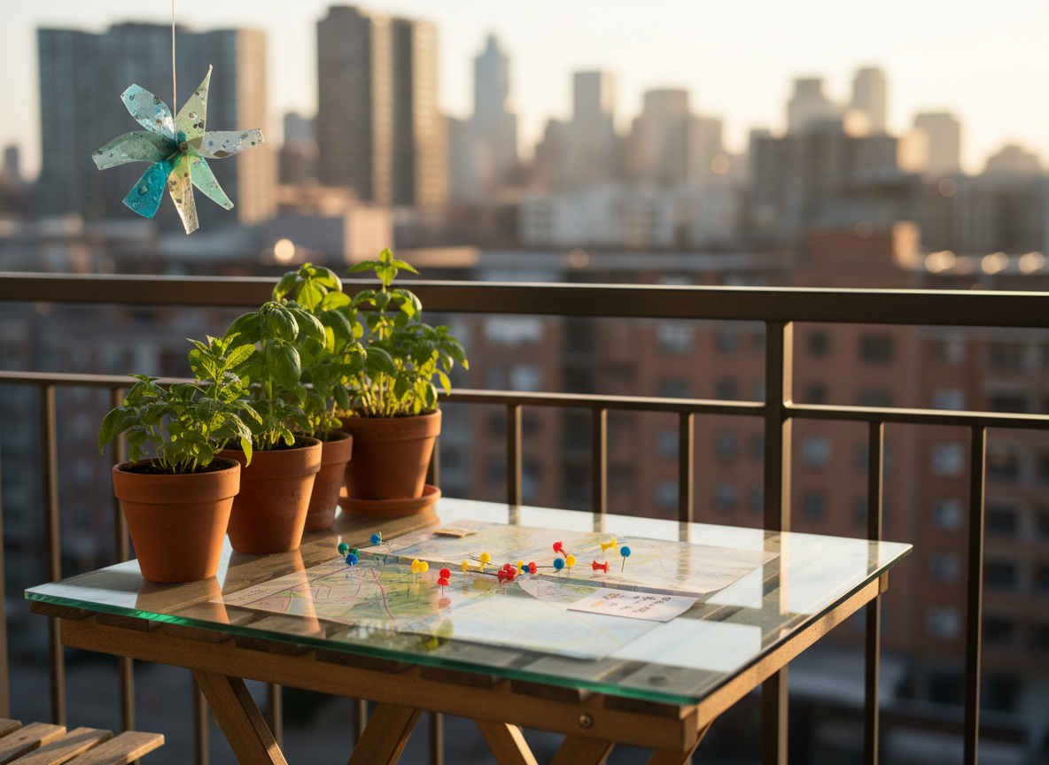 A small urban balcony turned into a playful observation deck, featuring a compact wooden table with a local map pinned under glass, dotted with colorful push pins and tiny handwritten notes like “good coffee smell here” and “sunset view.” Beside it stands a simple potted herb garden with basil and mint leaves catching the light, and a tiny wind spinner made from recycled plastic gently turning in the breeze. Late afternoon sunlight creates bright highlights and long, soft-edged shadows across the table. Photographic realism, captured from an eye-level angle looking slightly down, with the distant cityscape rendered as soft bokeh. The mood is exploratory and content, celebrating the idea that one’s immediate neighborhood can be a source of playful discovery and personal happiness.