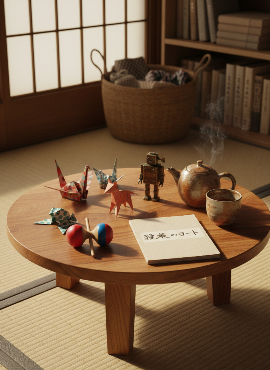 A low, round wooden table in a cozy tatami-floored room, covered with a colorful assortment of locally made toys and simple tools: a kendama, origami animals, a tiny wind-up robot, and a small notebook labeled in handwritten script. A steaming teapot and a rustic cup sit nearby, their ceramic surfaces slightly irregular. Warm golden-hour light enters through shoji screens, creating a soft lattice of shadows across the table. Photographic realism, captured from a slightly elevated angle with moderate depth of field, keeps each object recognizable yet gently separated from a subtly blurred background of neatly stacked books and a woven basket. The atmosphere feels playful and grounded, as if inviting the viewer to experiment, observe, and rediscover small, personal joys born from the immediate surroundings.