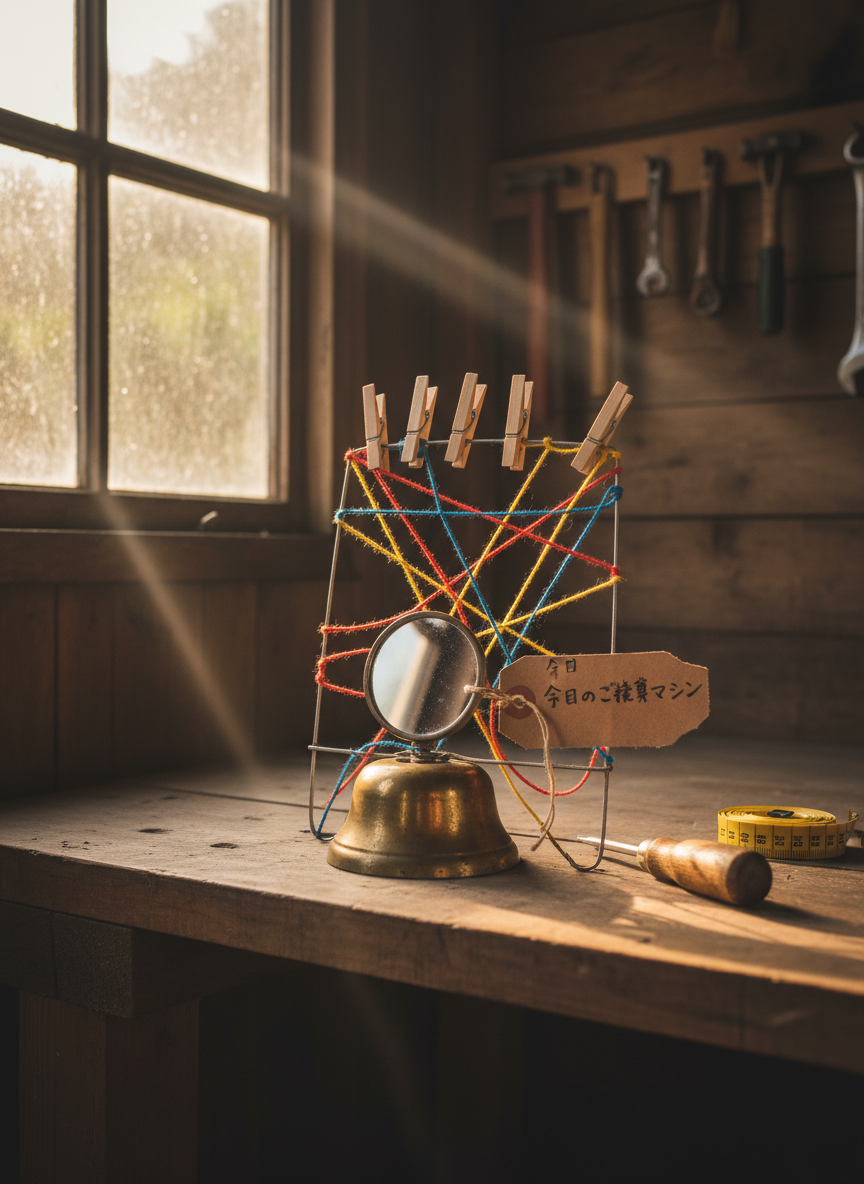 A rustic wooden workbench inside a small shed, turned into a “じぶんディング” workshop. On the bench lies a partially assembled, whimsical device built from everyday objects: a bicycle bell, a tiny mirror, colorful string, clothespins, and a small handwritten tag that says “今日のご機嫌マシン.” Tools like a simple screwdriver and measuring tape rest nearby. A single window lets in slanting late-afternoon light, creating dramatic but soft highlights on metal and wood, while the corners of the shed fall slightly into shadow. Photographic realism, shot from an oblique angle with moderate depth of field, emphasizing the invention while leaving the background of hanging tools slightly blurred. The mood is experimental, humorous, and hands-on, representing the playful, DIY spirit of crafting one’s own way to live pleasantly.