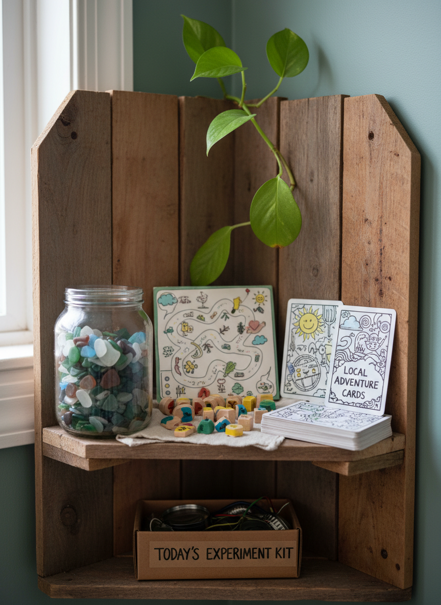 A cluttered yet inviting corner shelf made from reclaimed wood, filled with carefully arranged “local play” artifacts: jars of colorful beach glass, a small handmade board game with wooden tokens, a deck of cards illustrated with quirky doodles, and a simple cardboard box labeled with marker as a “today’s experiment kit.” Nearby, a small plant with broad, glossy leaves leans toward the light. Soft, diffused overcast light filters in from an unseen window, creating a calm, even illumination that makes every texture stand out. Photographic realism, framed with rule-of-thirds composition and a shallow depth of field, keeps the center objects sharp while gently blurring the edges. The mood is homely, curious, and quietly joyful, embodying the idea of “play as a local resource” and everyday experimentation.