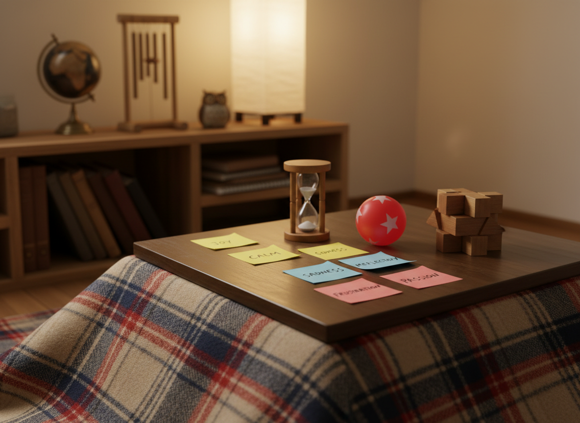 A cozy kotatsu-style table draped with a soft, plaid blanket, its surface transformed into a personal “lab of mood experiments.” On top sit color-coded sticky notes with handwritten emotion words, a small hourglass, a playful rubber ball, and a simple wooden block puzzle half-solved. A low bookshelf in the background holds neatly arranged journals and quirky objects like a tiny globe and a wind chime. Warm ambient lamplight casts a golden, inviting glow, with soft shadows that add depth without harshness. Photographic realism, shot at a low, intimate angle, focusing on the table’s surface while the background softly blurs. The mood is introspective yet playful, suggesting a space where one quietly observes their inner world, accepts shifting feelings, and treats emotional self-discovery as an experiment in living happily.