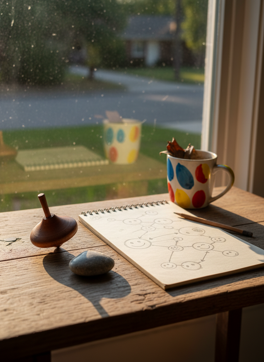 A small, weathered wooden desk near a sunlit window, its surface scattered with a playful mix of local objects: a hand-carved spinning top, a smooth river stone, a worn notebook open to doodles of simple diagrams and arrows, and a chipped ceramic mug with bright, mismatched patterns. Soft afternoon sunlight pours in, highlighting the textures of the wood grain and casting gentle, elongated shadows of the objects. Outside the slightly blurred window, lush greenery hints at a quiet neighborhood. Photographic realism, shot at eye level with a shallow depth of field, keeps the focus on the desk’s curated chaos. The mood is curious, accepting, and lightly whimsical, suggesting a mind calmly observing itself and the world while finding joy in everyday things.