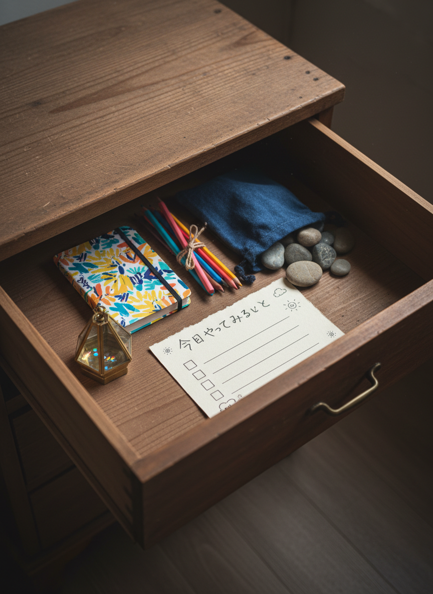 A deep drawer pulled halfway open in a simple wooden chest, revealing a secret “ご機嫌キット.” Inside, neatly arranged, are a small kaleidoscope, a tiny notebook with a bright cover, a set of colored pencils, a folded cloth pouch of smooth stones, and a homemade card that reads “今日やってみること” with boxes to tick. Overhead, warm, soft room lighting creates an intimate glow, highlighting the textures of paper, wood, and fabric while keeping the surrounding room in gentle shadow. Photographic realism, captured from a close, slightly angled top view that draws the eye into the drawer’s contents. The mood is cozy, private, and quietly optimistic, evoking the feeling of having a personal, always-ready toolkit for resetting one’s mood and approaching life playfully.