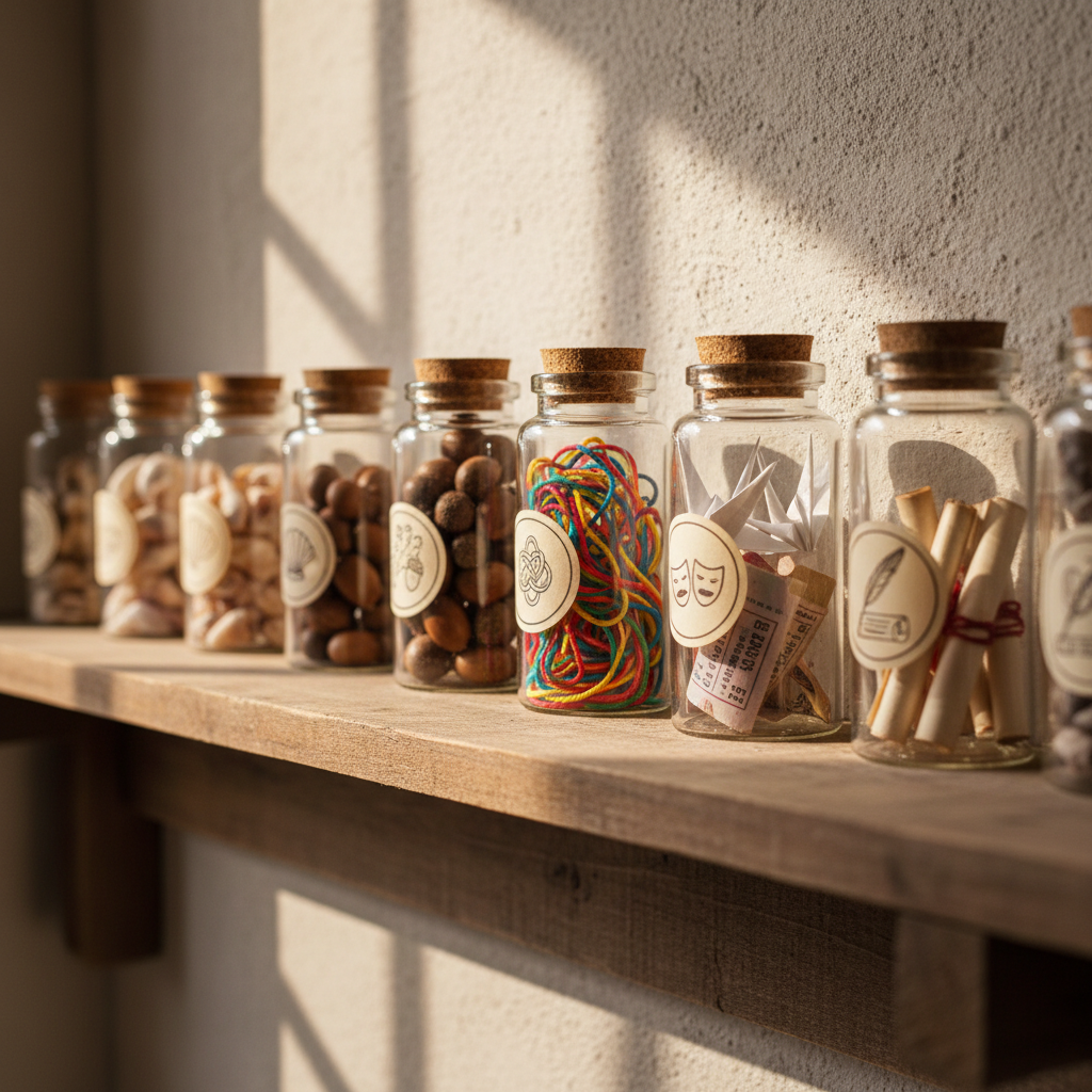 A long, low wooden shelf lined with small, clearly labeled glass jars, each containing a different “local joy ingredient”: tiny seashells, acorns, bits of colorful string, folded paper cranes, ticket stubs, and handwritten notes rolled like scrolls. Each jar has a simple paper label with hand-drawn icons. Soft morning light filters through a nearby window, making the glass shimmer and casting delicate, overlapping shadows on the wall. Photographic realism, shot straight-on at shelf height, with a shallow depth of field that brings one section of jars into crisp focus while the rest gradually blur. The atmosphere is gentle and contemplative yet playful, suggesting that happiness can be sourced from small, collected moments and objects gathered from one’s nearby world.