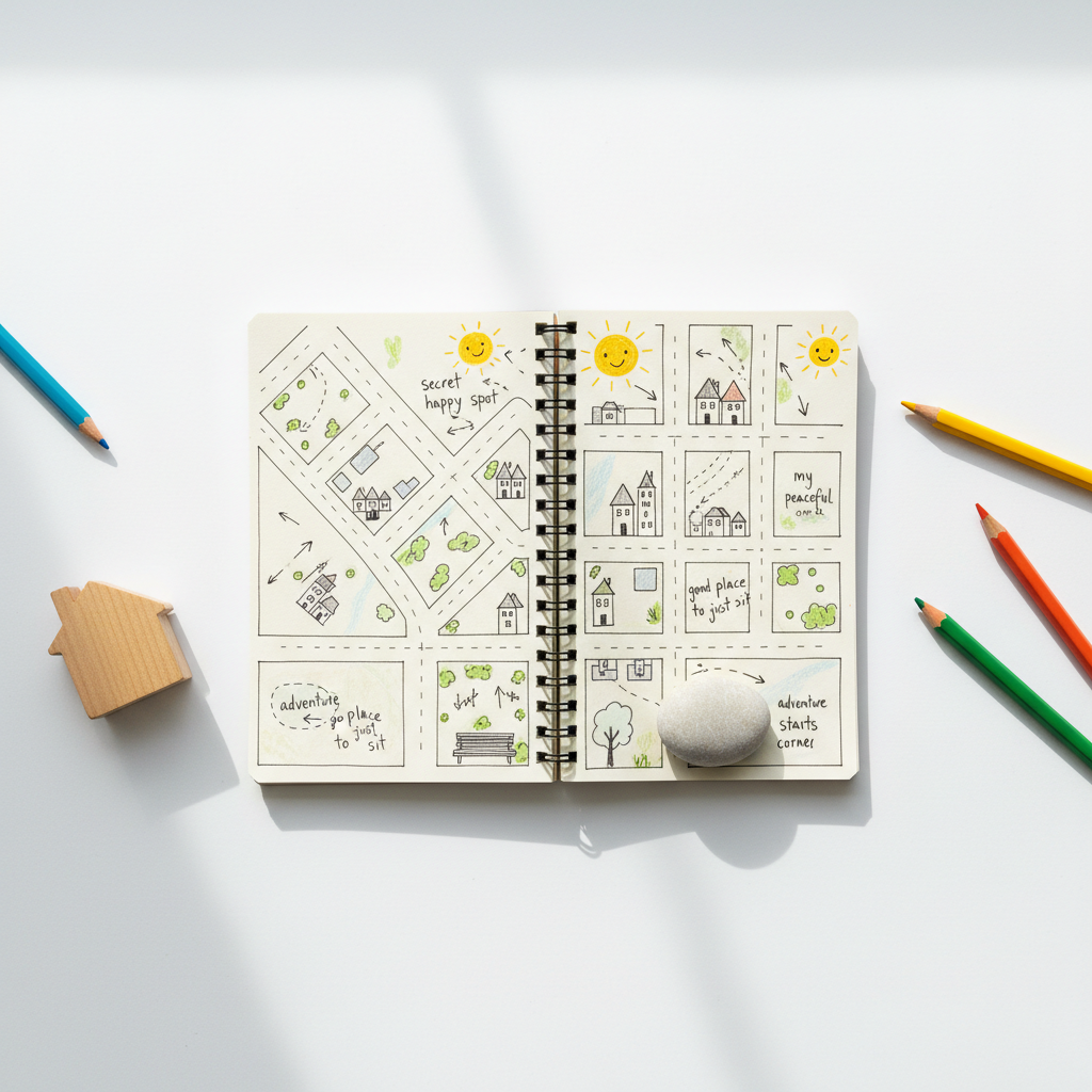 A minimalist, white tabletop with a single, open notebook in the center, its pages filled with a hand-drawn map that combines an actual neighborhood layout with playful icons: smiley suns, tiny houses, arrows, and scribbled notes like “secret happy spot” and “good place to just sit.” Around the notebook lie a few colored pencils with worn tips, a small wooden block shaped like a house, and a smooth pebble placed like a marker. Bright, indirect daylight from above creates a clean, even illumination, reducing shadows and emphasizing clarity. Photographic realism, top-down bird’s-eye composition, with sharp focus across the scene. The mood is light, optimistic, and gently introspective, visualizing the idea of mapping one’s own life and environment as a playground for contentment and self-acceptance.