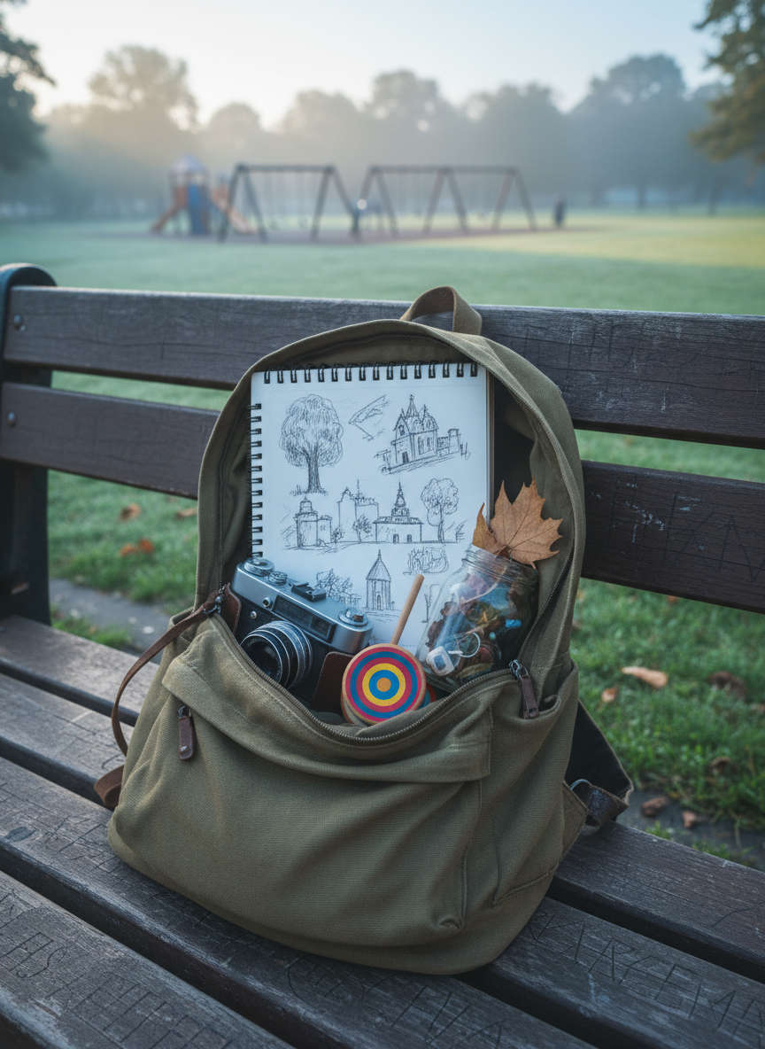 A well-used backpack made of faded canvas, unzipped on a wooden bench overlooking a quiet city park at dawn. Inside, neatly arranged, are a compact sketchbook filled with quick observational drawings, a small camera, a colorful yo-yo, and a tiny jar of collected local trinkets like bottle caps and pressed leaves. Soft morning light creates a cool, gentle glow, with a misty park and slightly out-of-focus playground equipment in the background. Photographic realism, shot from a three-quarter overhead angle, emphasizes the contents as a toolkit for playful self-discovery and exploration. The mood is hopeful, accepting, and slightly adventurous, suggesting a life philosophy of wandering through familiar spaces with new eyes, turning everyday surroundings into opportunities for lighthearted, personal play.